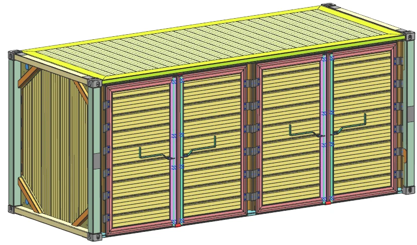 Closed ESS container with full-length hinged side doors and aluminum profiles
