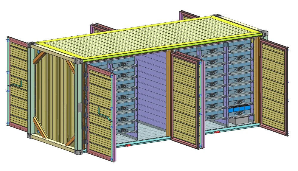 Open energy storage container showing battery-module racks